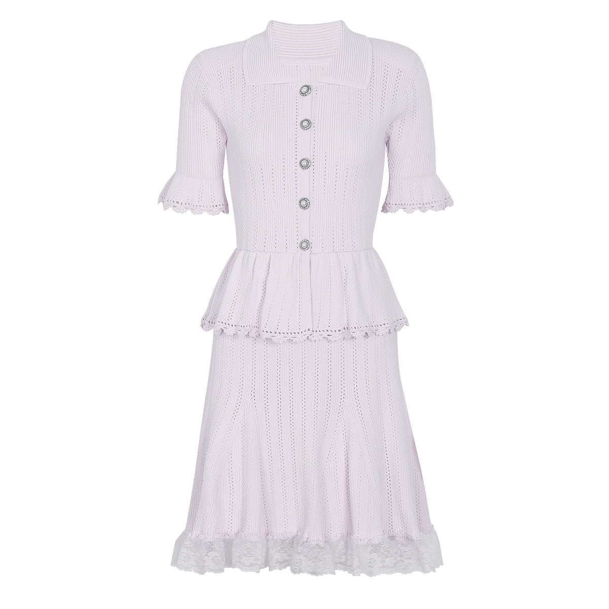 Lilac knit peplum midi dress with lace hem and pearl buttons