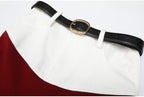 Detail of wine red skirt colorblock waist and black belt
