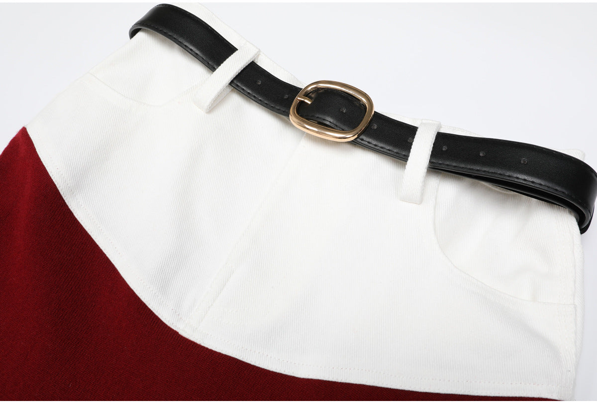 Detail of wine red skirt colorblock waist and black belt