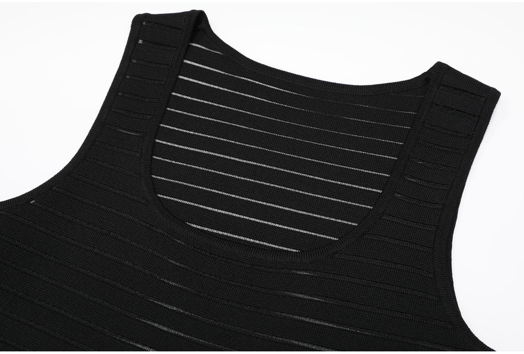 Close-up neckline of black striped knit dress