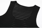 Close-up neckline of black striped knit dress