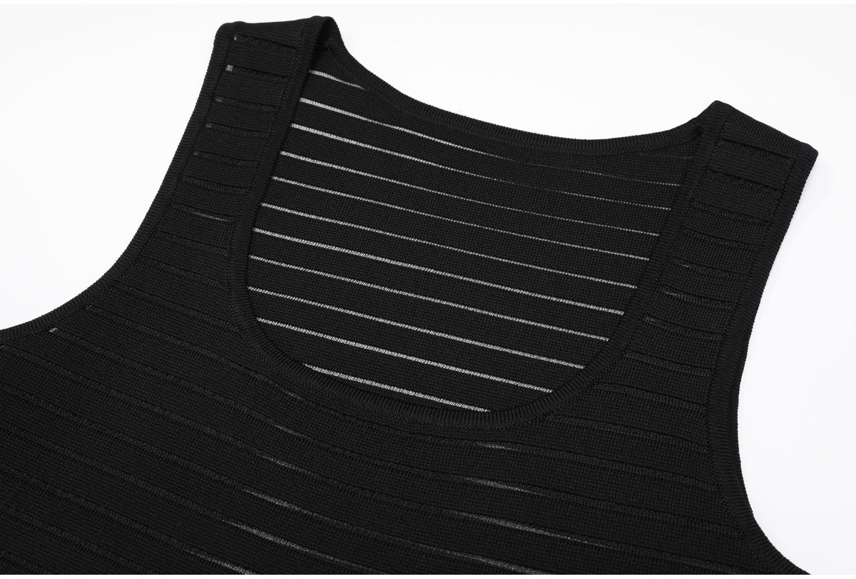 Close-up neckline of black striped knit dress